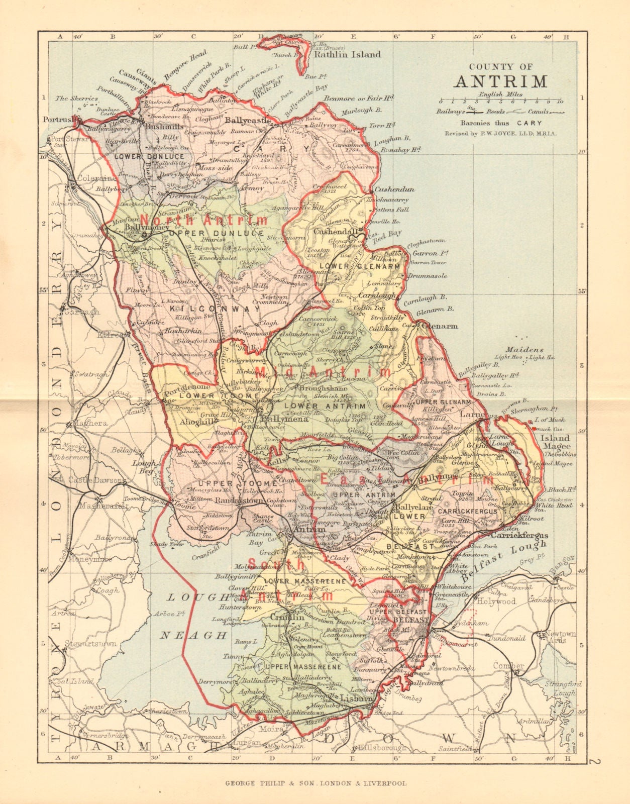 COUNTY ANTRIM. Antique county map. Ulster Belfast Lisburn. BARTHOLOMEW 1886
